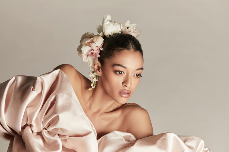 Model wears flowers and Morgan Roy hair pins.